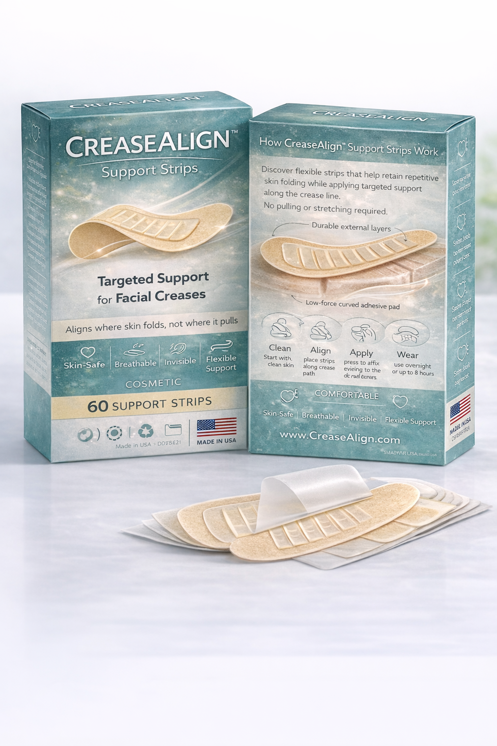 CreaseAlign™ structural support patches for facial creases and wrinkles