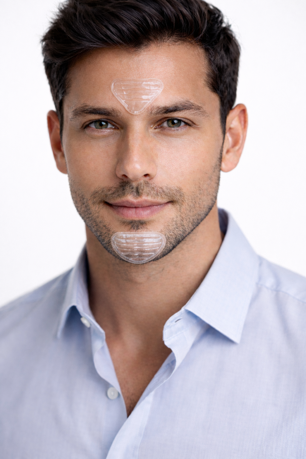 CreaseAlign™ clear universal structural support patch applied to frown, crow's and chin