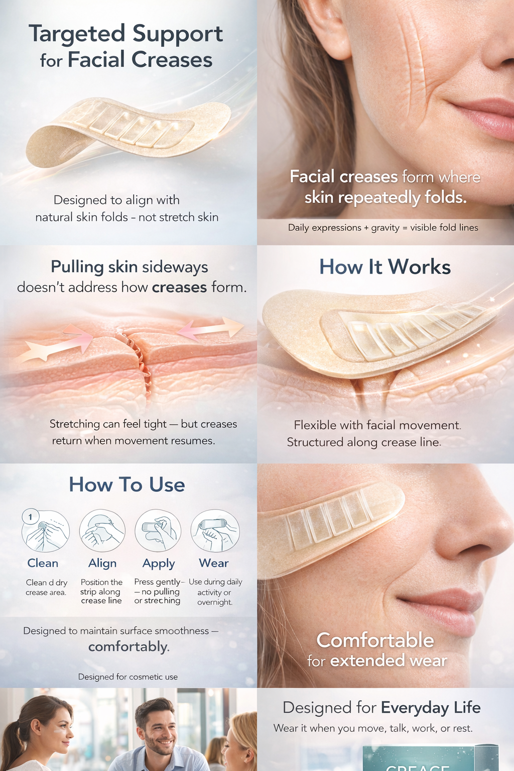 CreaseAlign™ how to apply structural support patches for facial cheek smile creases